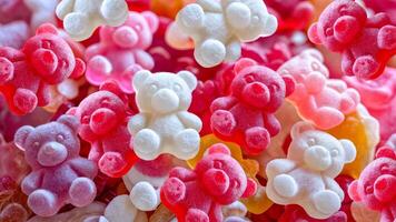 Assorted gummy bears in vibrant colors with sugar coating and chewy texture, top view. photo