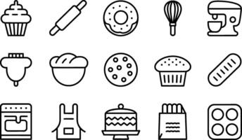 Baking Icons Set Cupcake Rolling Pin Donut Whisk Mixer Bread Oven Apron Cake vector