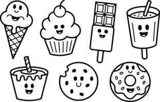 Black and White Cartoon Desserts Ice Cream Cupcake Chocolate Bar Cookie Donut vector