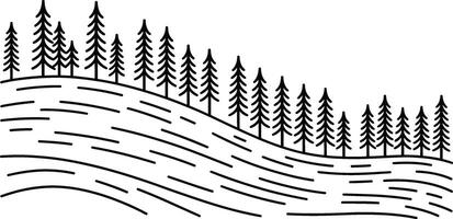 Black and white illustration of a landscape with trees and a stylized hill vector