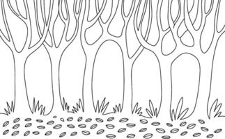 Black and White Forest Scene Illustration with Trees Grass and Leaves vector