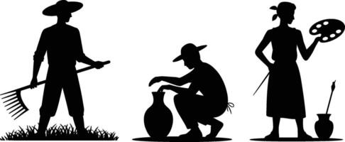 Silhouettes of Farmer Potter and Painter on White Background vector