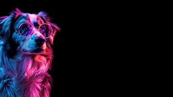 Blue Merle Australian Shepherd Aussie Dog with Retro Sunglasses, Black Background, Copyspace, Pink Neon Scenery, Pet Fashion. photo
