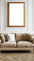 Beige Sofa with Empty White Frame on Wall. photo