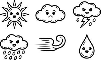 Black and White Weather Icons Smiling Sun Sad Cloud Stormy Cloud Rain Wind Drop vector