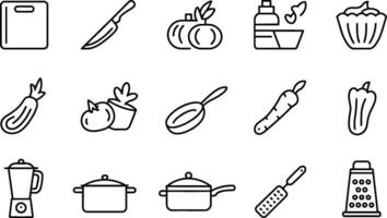 Kitchen Utensils and Vegetables Outlined in Black and White vector