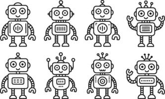 Eight Black and White Cartoon Robots with Different Designs on White Background vector