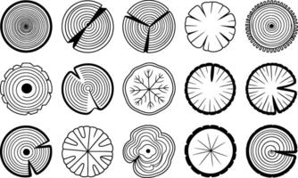 Black and white wood slices illustrations with various shapes and patterns vector