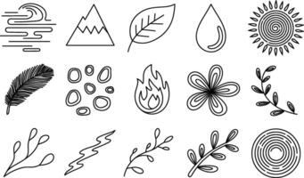 Black Line Art Elements of Nature and Symbols on White Background vector