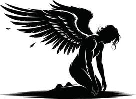 Black Silhouette of Kneeling Figure with Angel Wings on White vector