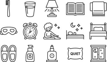 Black and White Sleep Routine Icons Toothbrush Glass Lamp Book Towel vector