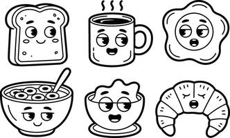 Cartoon Breakfast Food Set Toast Coffee Egg Cereal Croissant vector