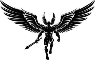 Black and White Angelic Warrior with Sword and Wings vector