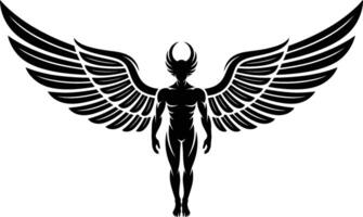 Black Silhouette of a Winged Human Figure with Horns on White Background vector