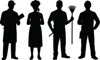 Silhouetted Workers in Black Chef Gardener Construction Worker and Inspector vector