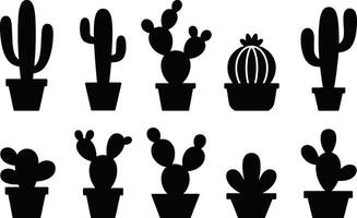 Black Cactus Silhouettes in Pots on White Background vector
