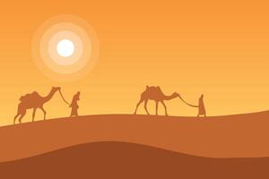 Minimal desert landscape and silhouette with camels and people, organized, editable, and layered vector