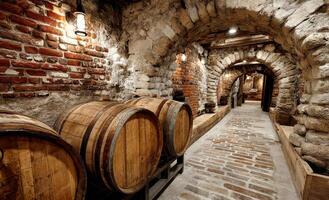 Vintage wine cellar tour. Old brick walls and wooden barrels line a narrow corridor in a historic wine cellar, creating a rustic atmosphere. photo