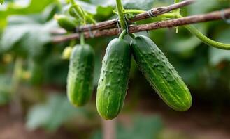 Fresh cucumbers growing in a garden. Three ripe cucumbers hang from a vine in a lush garden setting during daylight hours, ready for harvest. photo