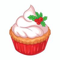 Cupcake with whipped cream and holly berry. illustration vector