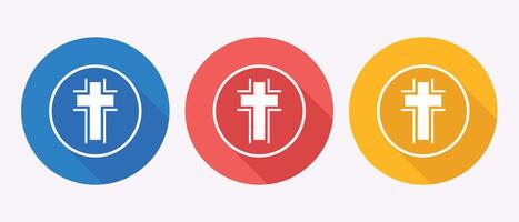 Modern Christian Cross Icons. Blue, Red, and Gold Circular Design with Long Shadows. vector