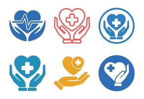 Collection of medical care icons featuring hearts and hands in various colors vector