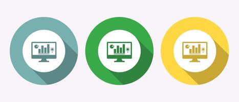 Three circular icons with computer screens displaying financial charts and graphs vector