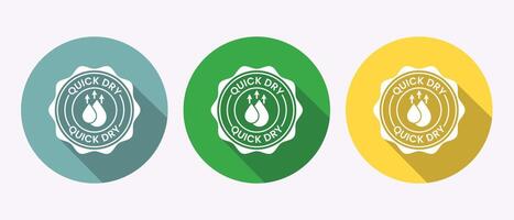 Three quick dry icons with water drops and arrows in blue green and yellow circles vector