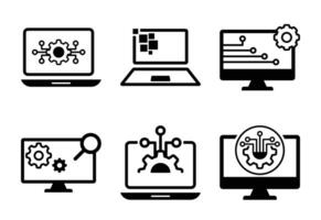Set of stylized computer icons representing technology and digital processes vector