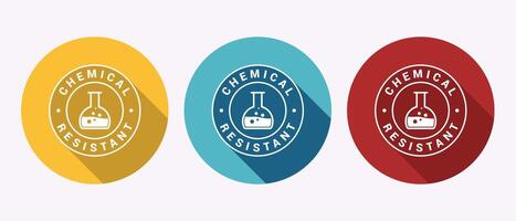Three circular chemical resistant labels featuring laboratory flask icons vector