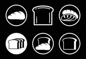 Six monochrome bread icons. loaf, toast, sliced, stacked, and more. minimalist bakery graphic design. vector
