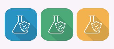 Three rounded square icons featuring a white shield with a test tube inside, chemical resistant icons vector