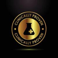 Gold seal badge with clinically proven text and medical flask symbol vector