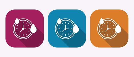 Three flat design icons of a clock with water drops in different colored squares vector