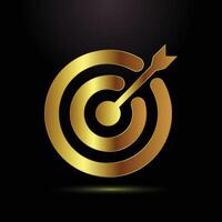 Golden target icon, arrow hitting the bullseye on a black background vector