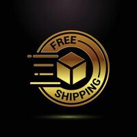 Golden free shipping badge with moving package icon on black background vector