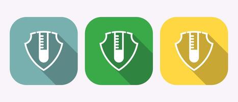 Three rounded square icons featuring a white shield with a test tube inside and long shadow, chemical resistant icons vector