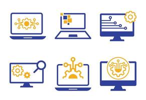 Set of computer icons with gears and circuit board elements for technology and engineering vector