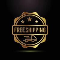 Golden free shipping badge with truck icon and stars on black background vector