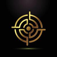 Golden circular maze symbol with target center on black background vector