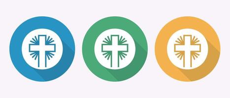 Modern Christian Cross Icons. Blue, Green, and Gold Circular Designs with Long Shadows. vector