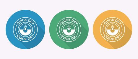 Three circular icons with quick dry technology symbol in blue green and orange vector