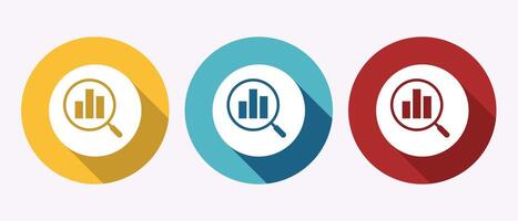 Three colorful icons representing data analysis with magnifying glass and bar chart vector