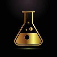 Golden flask icon with bubbles and dripping liquid on black background vector