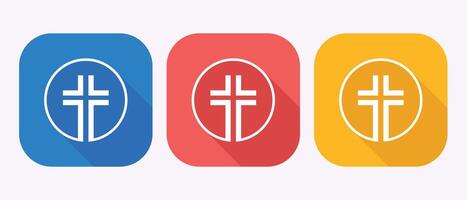 Modern Christian Cross App Icons. Blue, Red, and Gold Square Buttons with Long Shadows. vector