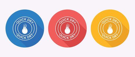 Three circular icons with white quick dry symbols and flame graphics vector