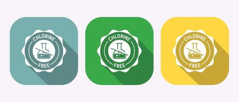 Chlorine-Free Product Label. Green, Teal, and Yellow Square Icons with Long Shadow. vector