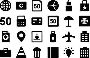 A set of black and white icons that include a plane, hotel, and other items vector