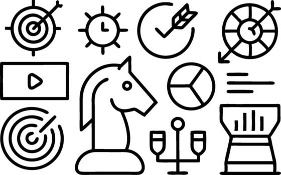 A set of icons that include a chess board, a dart, a dartboard, a dart vector
