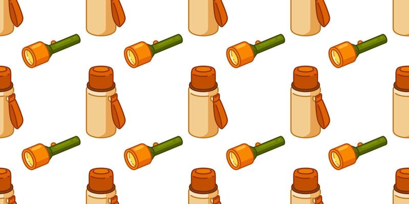 Camping Thermos Flashlight Pattern. Seamless pattern with thermos bottles and flashlights for camping. Cartoon flat illustration, warm colors, isolated on white background.